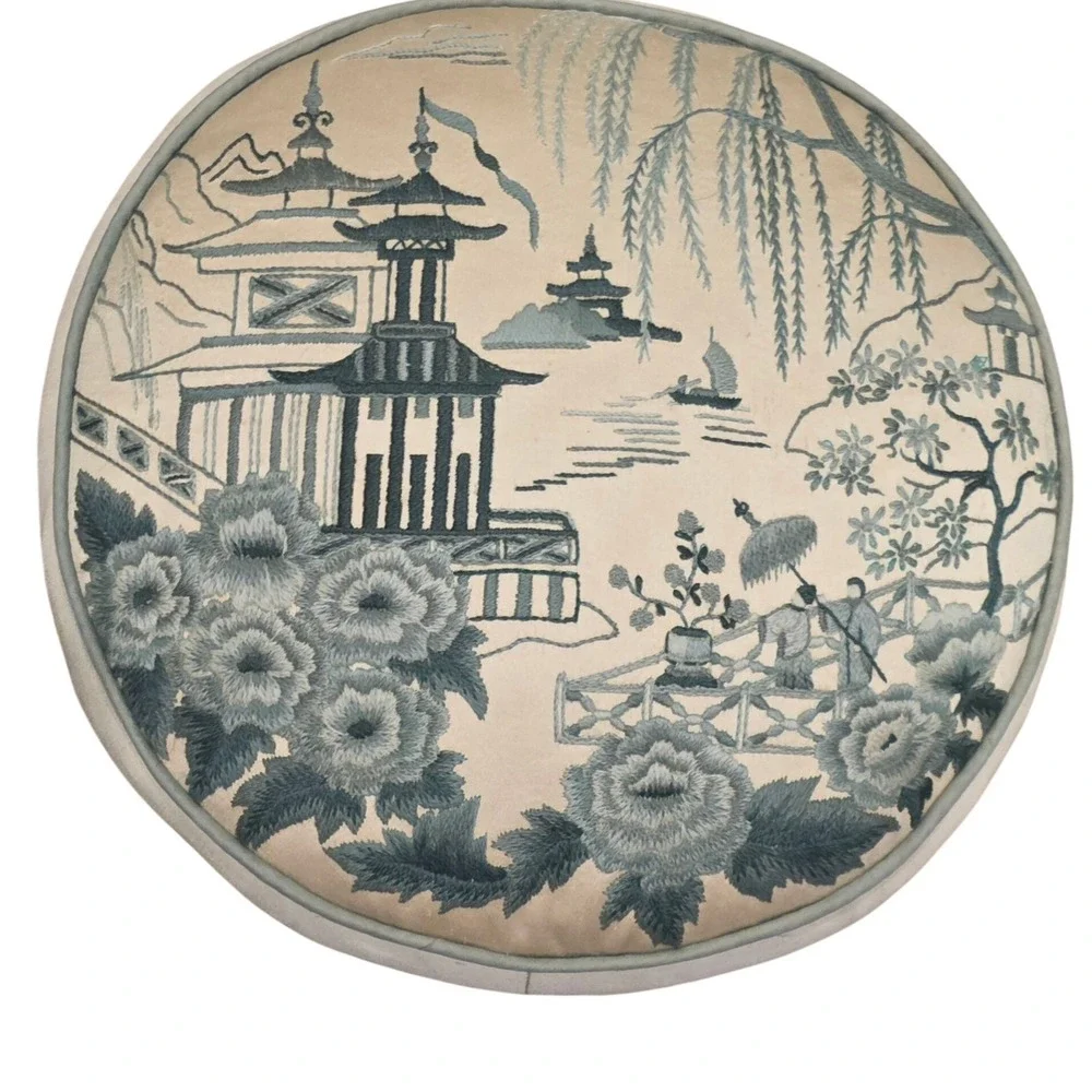Vintage Asian Round Silk Embroidered Pillow Pagoda Landscape Style Green 14.5in